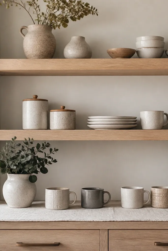A small open shelf area with white oak ledge boards. Below, there's a linen runner on the counter or near a coffee station, with ceramic mugs arranged neatly.