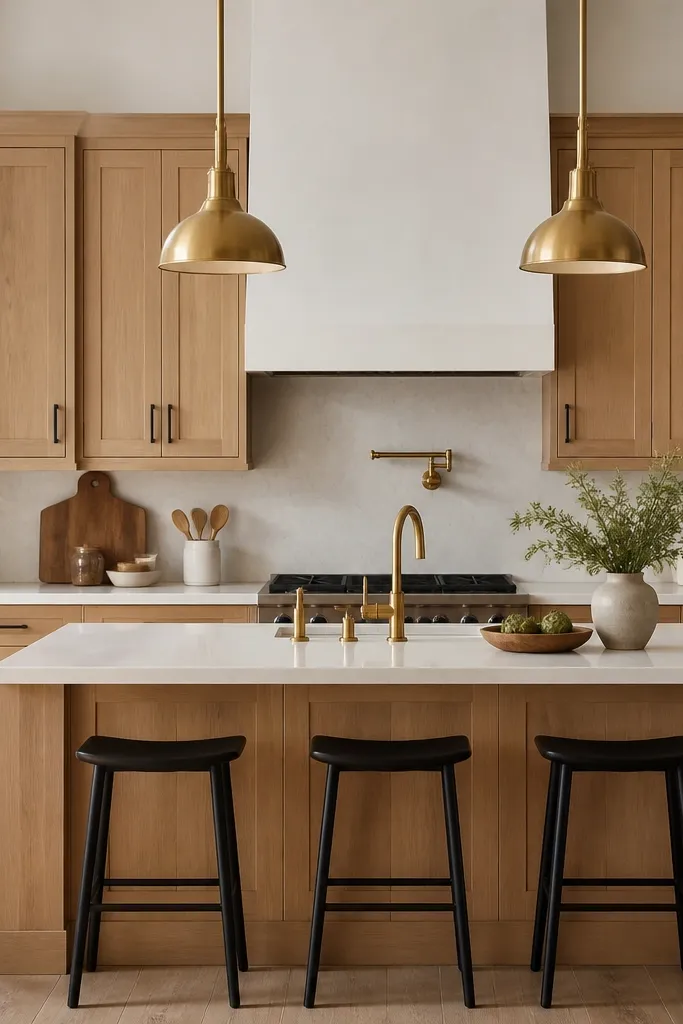 A kitchen front view where cabinet hardware is matte black, while the faucets and pendant lights are warm brass. White oak cabinets have a satin finish.