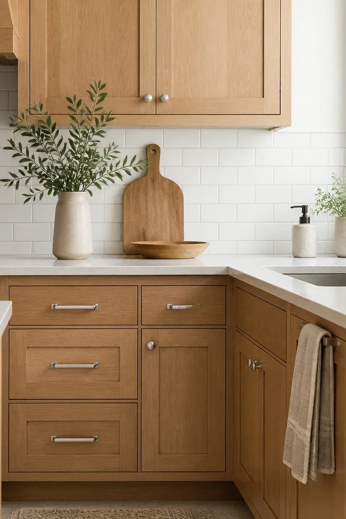 White oak cabinets with brushed nickel pulls and knobs. The backsplash is white tile with light gray grout, and the countertop is a light quartz.