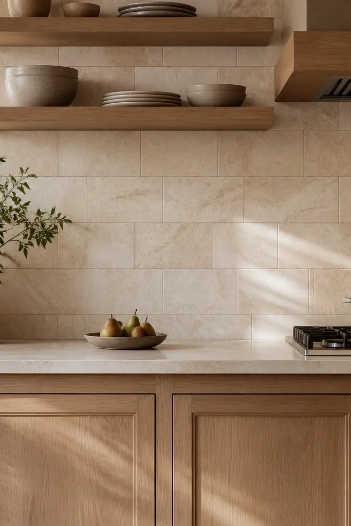 A backsplash wall with light stone tiles behind white oak cabinets. The grout looks warm, not gray, and there's subtle veining in the stone.