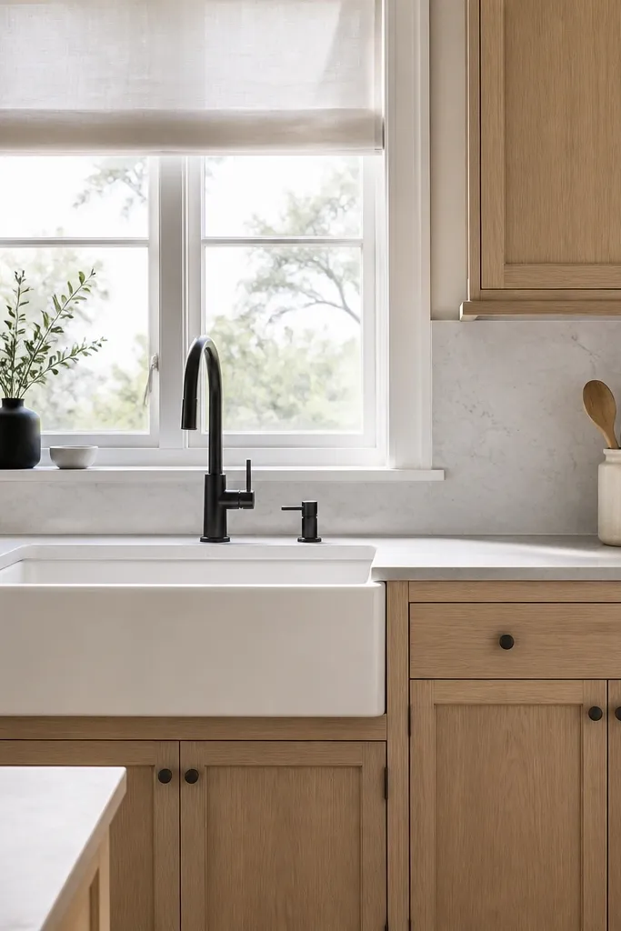 A kitchen sink wall with white oak cabinets, a farmhouse apron sink, and a narrow trim detail. The faucet is matte black.