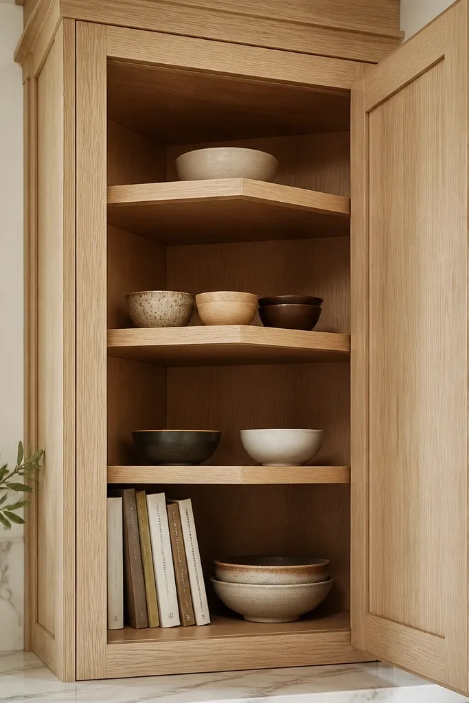 A white oak corner cabinet opening with angled shelves inside. The outside frame is white oak, and the shelves hold small bowls and cookbooks.