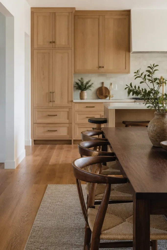 A dining-adjacent view where white oak kitchen cabinets meet a dark walnut table. The backsplash is light, and the floor looks warm wood tone.