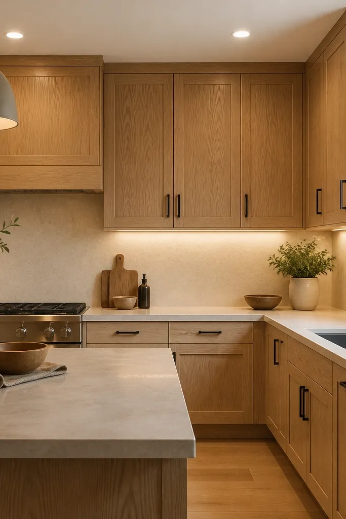 A kitchen scene with under-cabinet lighting and warm ceiling lights. White oak cabinets show clear grain texture and no harsh glare.