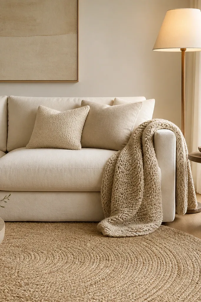 A large cream sofa with a thick oat-beige knit throw draped over the right arm, two cushions in textured bouclé and linen, and a tall floor lamp with a warm white fabric shade beside the seating. A round braided jute rug fills the foreground and a small wooden tray sits on a side table.