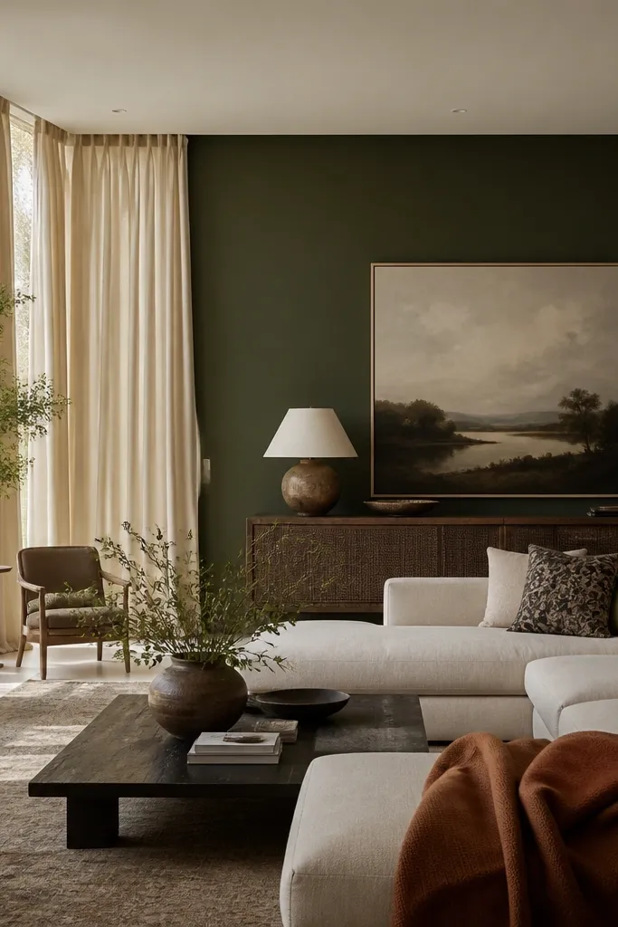 A large living room with one wall painted deep forest green. Cream floor-length curtains hang from a ceiling track, slightly pooling at the bottom, and a beige sectional sits opposite with a rust throw and patterned pillows. A large framed landscape painting in muted tones hangs centered above a console.