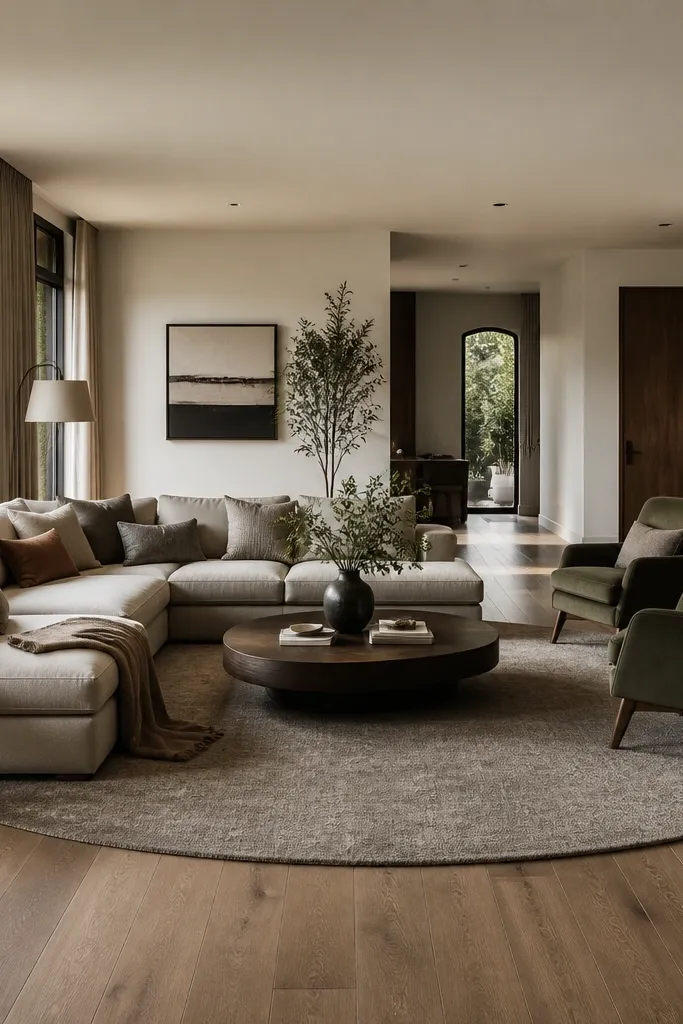 A large living room arranged into two zones: a sectional in one half and two armchairs in the other. A large round rug in warm grey sits under the front legs of both zones, and a low oval coffee table in dark wood connects the seating. The sofa has layered cushions and a neutral throw, while a second rug-free walkway stays open.