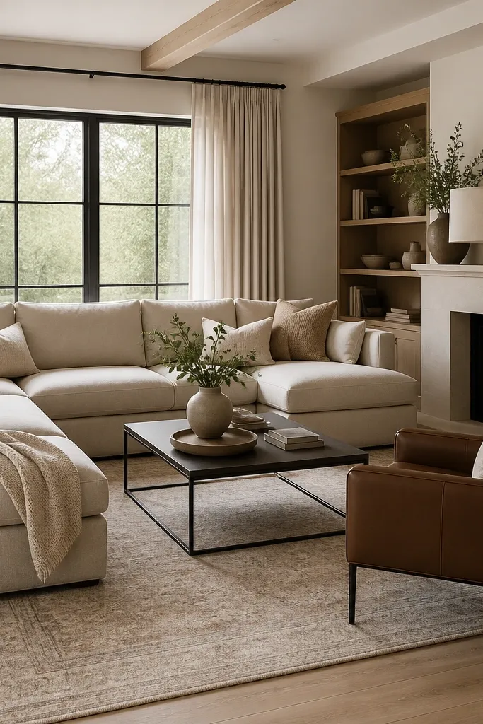A large beige sectional dominates the room, with cushions in oatmeal, sand, and soft white. One mocha-brown leather accent chair sits at a slight angle facing the sofa. A rectangular rug in cream and light taupe anchors the room, and a black metal floor lamp with a linen shade stands beside the chair.
