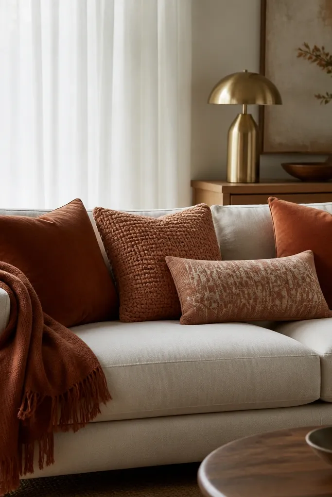 A cream sofa with a mix of cushions: two rust velvet squares, one clay textured knit, and one small geometric cushion in muted terracotta. A rust throw is draped over the left arm. Behind, a large window is covered with sheer white curtains, and a warm brass lamp sits on a wooden console.
