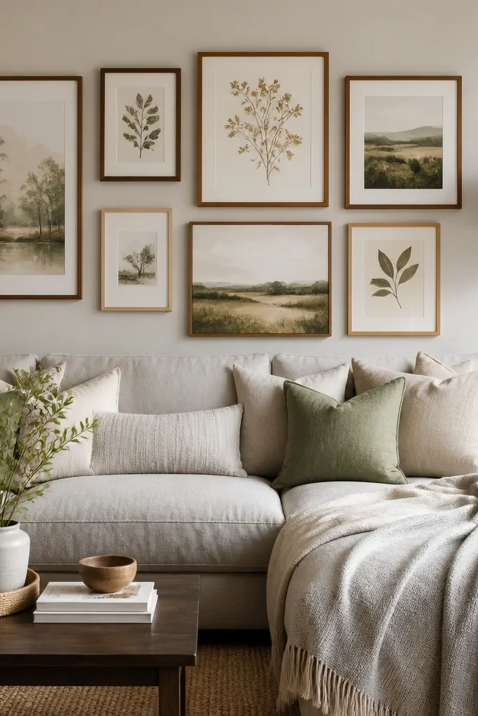 A large sofa under a prominent gallery wall made of six to eight frames in warm oak and walnut. The art includes prints with muted greens, creams, and soft gold tones. The sofa has a light grey throw and layered pillows in cream and sage. A tall floor lamp with a beige shade stands to the right of the sofa.