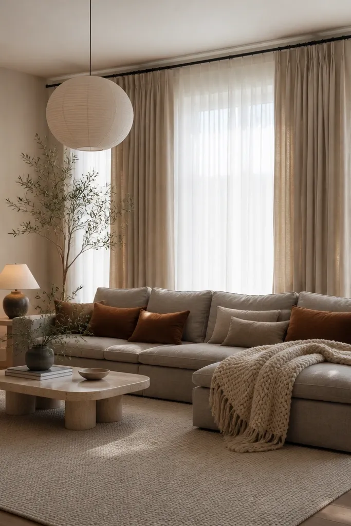 Windows covered with two layers: sheer white curtains that glow in daylight and heavy oatmeal drapes that hang fuller at night. A large living room has a light grey sectional with a chunky cream throw and cinnamon cushions. A dimmable pendant or table lamp sits near the seating, and a wool rug covers most of the floor in front.