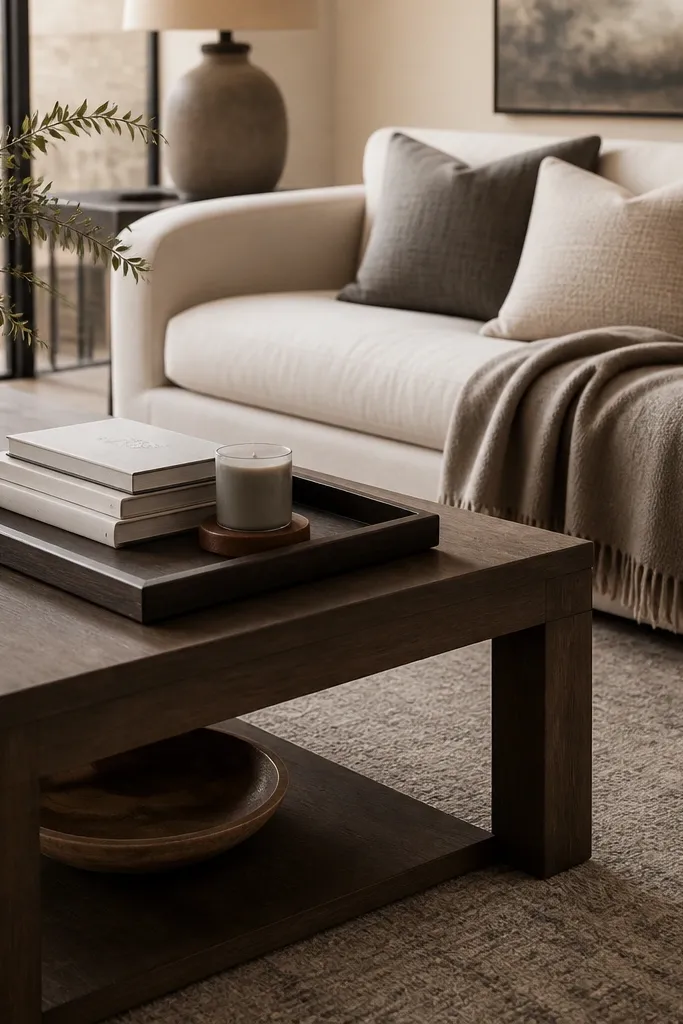 A warm grey wool rug with subtle tonal patterning under a coffee table. The coffee table is dark wood with a tray holding a stack of books and a small candle on a leather coaster. The sofa is cream with a taupe throw, and two cushions in grey and oatmeal sit neatly.