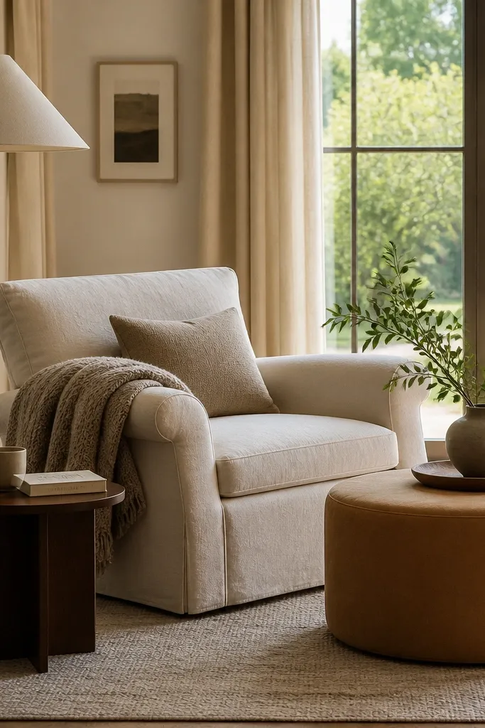 A large living room corner with an armchair upholstered in soft cream fabric, a round ottoman in camel, and a tall floor lamp with a cone-shaped linen shade. A chunky throw is folded over the chair arm, and a small side table holds a ceramic mug and a book. Behind, curtains frame a large window.