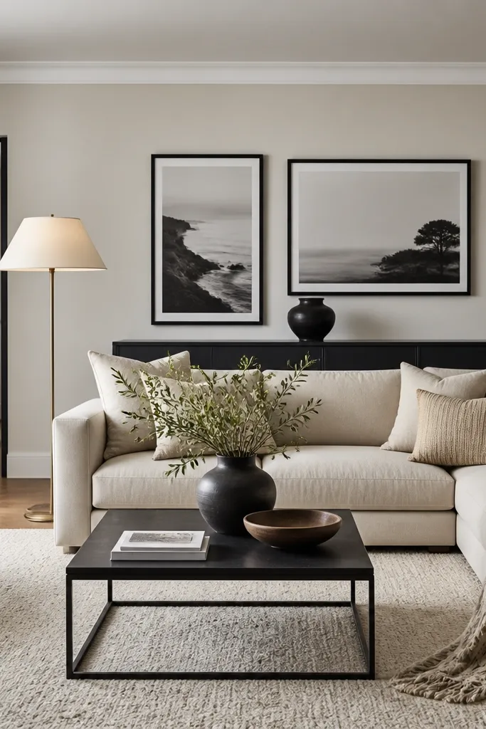 A modern large living room with cream sofa and cushions, a black metal frame coffee table, and black-framed wall art. A warm brass floor lamp with a cream shade stands beside the sofa. The rug is off-white with subtle texture, and a black ceramic vase sits on the console.