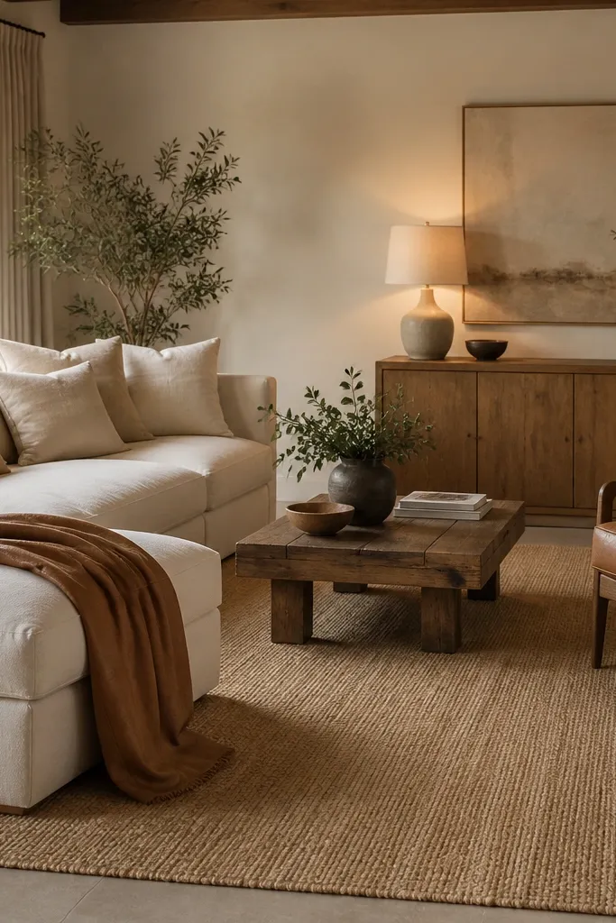 A light sofa in cream with linen cushions in natural tones. One caramel leather throw blanket is draped over the chaise edge, and a caramel leather armchair sits opposite. A beige sisal rug covers most of the floor, and a wooden cabinet holds a warm lamp with a fabric shade.