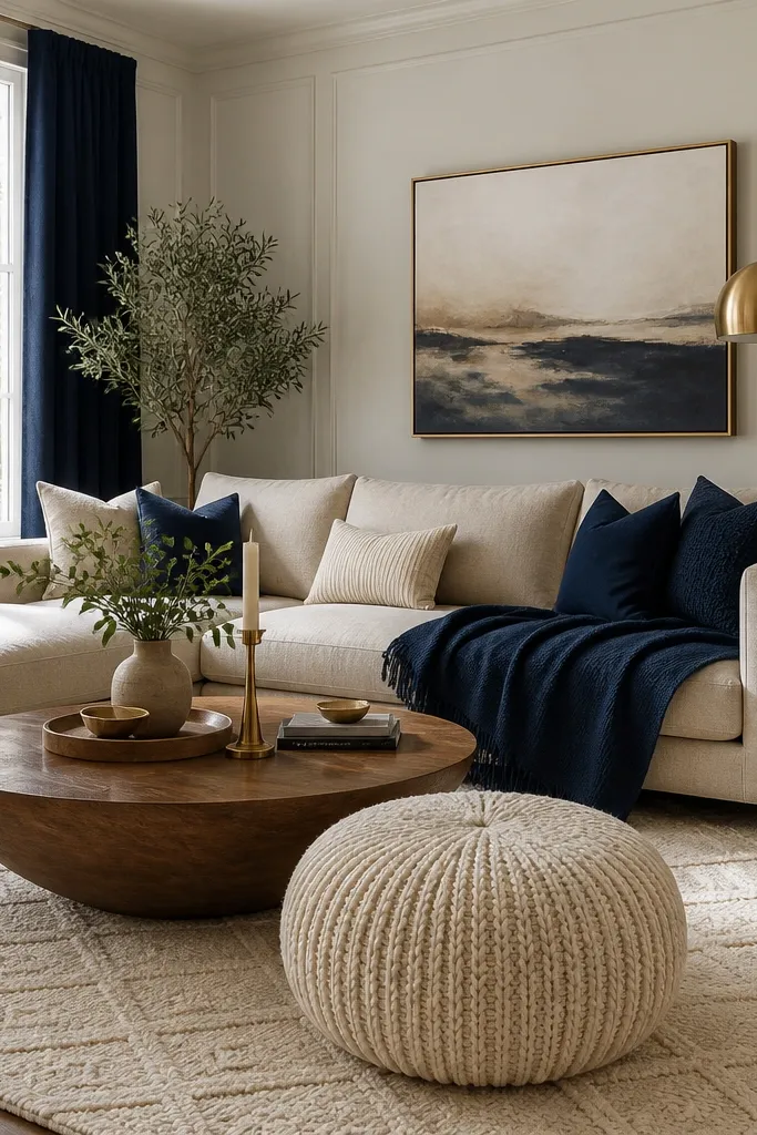 A large living room with a navy throw blanket and cushions on an oat-colored sofa. A big round knit pouf in cream sits in front of the coffee table. The rug is textured cream with a subtle pattern, and a navy curtain panel frames a tall window. A gold-toned floor lamp stands to the side.