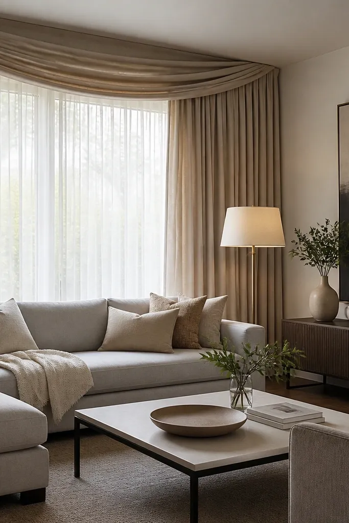 A large living room window with layered curtains: sheers plus a thicker curtain panel, and a soft top drape that creates a valance effect. The sofa is light grey with a cream throw, and cushions mix oat and soft beige. A large abstract print in muted tones hangs above a console, and a floor lamp with a warm shade sits near the sofa.