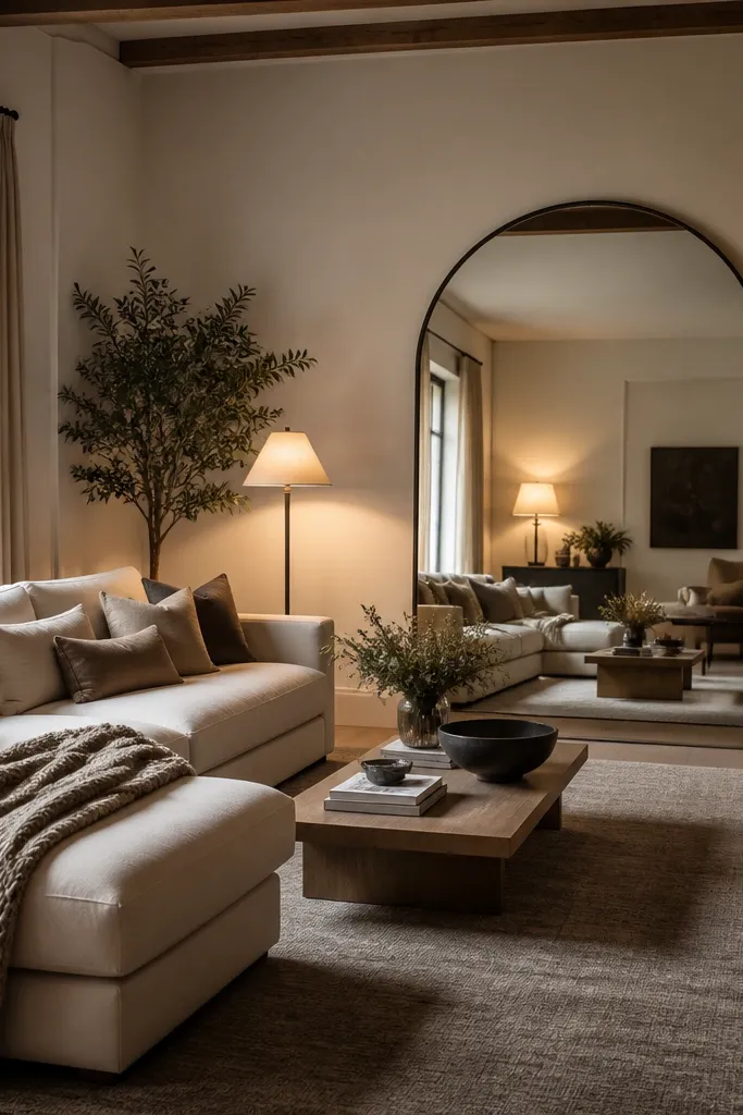 A large living room with an oversized arched mirror leaning or wall-mounted opposite the sofa. Warm light from a floor lamp and a table lamp reflects in the mirror. The sofa is cream with taupe cushions and a chunky throw, and a large rectangular rug in warm grey sits under the seating area.