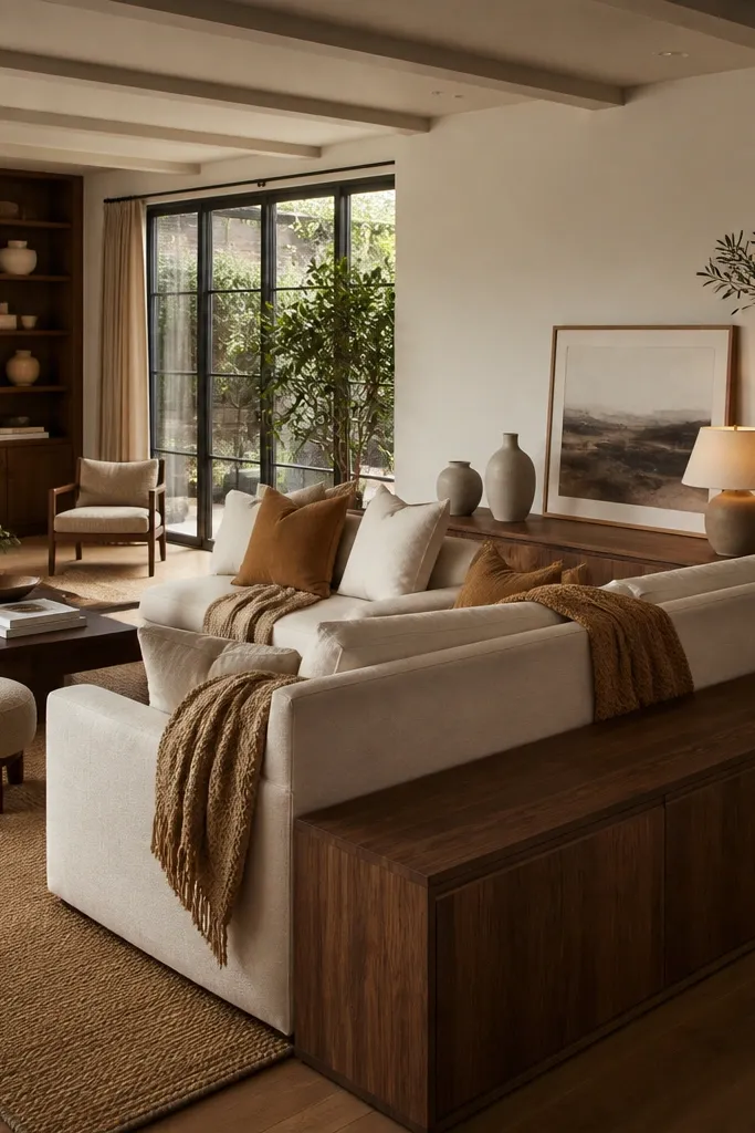 A large living room with a walnut console behind the sofa. On the console are two simple ceramic vases, a warm lamp, and a framed print. Two low upholstered stools sit near the coffee table, and the sofa has a textured throw and cushions in cream and caramel. A large rug in natural fibers spans the seating area.