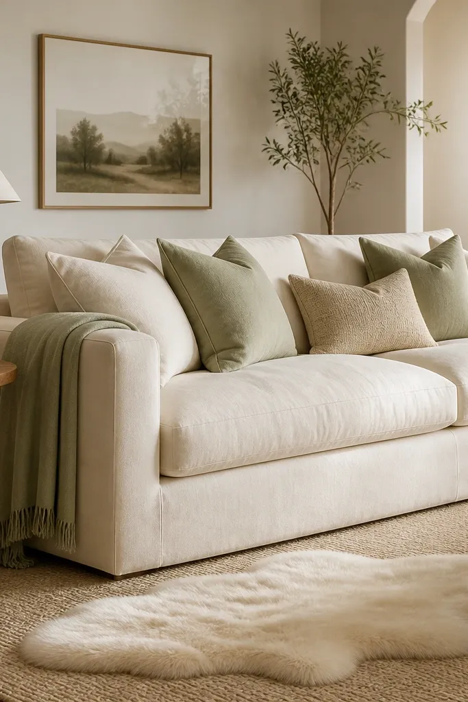 A large living room with a cream sofa and cushions in cream and soft sage. A sage throw is folded over the left arm. In front of the sofa is a small cream sheepskin-style rug or faux hide on top of a larger neutral rug. A warm wood side table holds a ceramic lamp with a fabric shade.