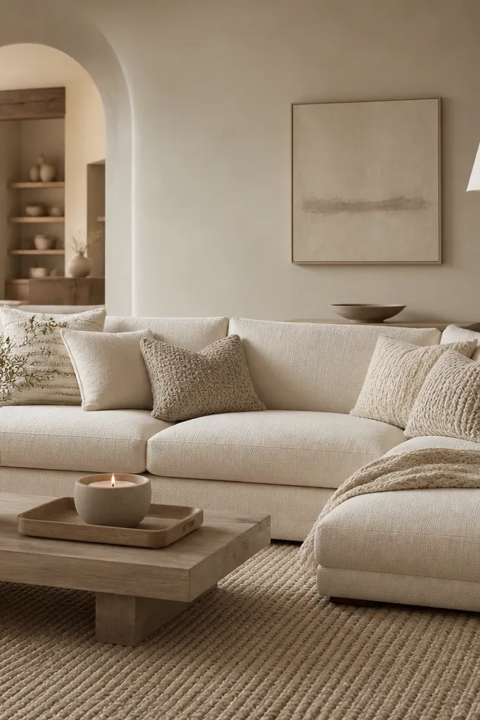 A large living room with a monochrome palette: cream, oatmeal, and light taupe. The sofa has layered cushions in bouclé, knit, and linen. A single gold element appears on a floor lamp base. The rug is textured in warm beige, and a simple glass-free candle holder sits on a wooden tray.