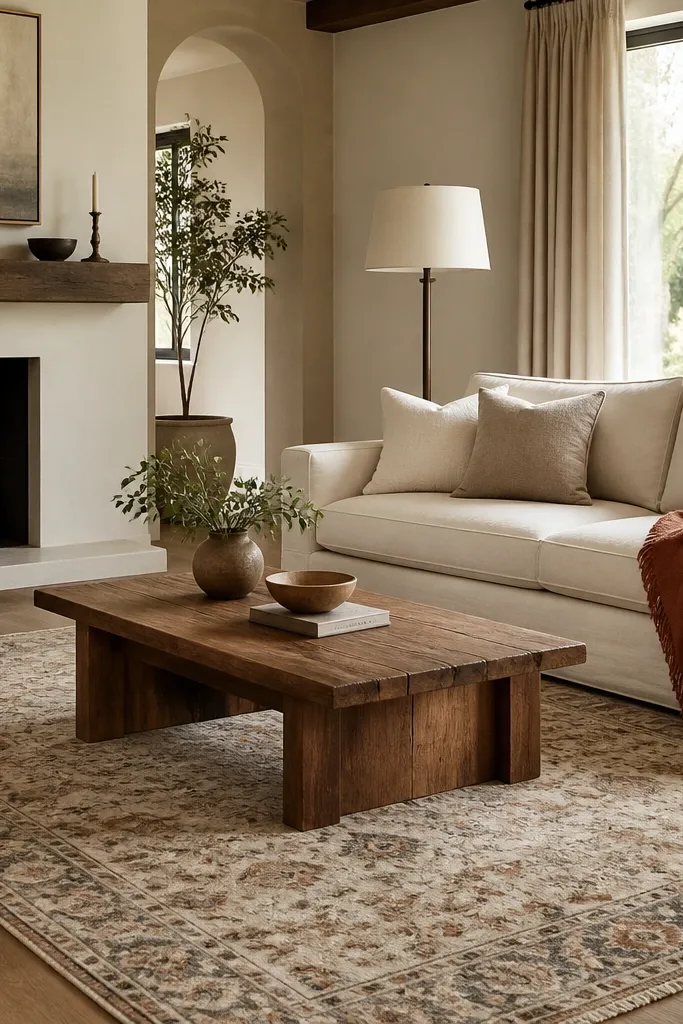 A large living room anchored by a patterned rug in muted beige, taupe, and tiny touches of rust. The sofa is solid cream with a plain rust throw. Cushions are solid: one oatmeal, one light taupe, one cream. A simple wooden coffee table sits in the center, and a floor lamp with a neutral shade stands beside the sofa.