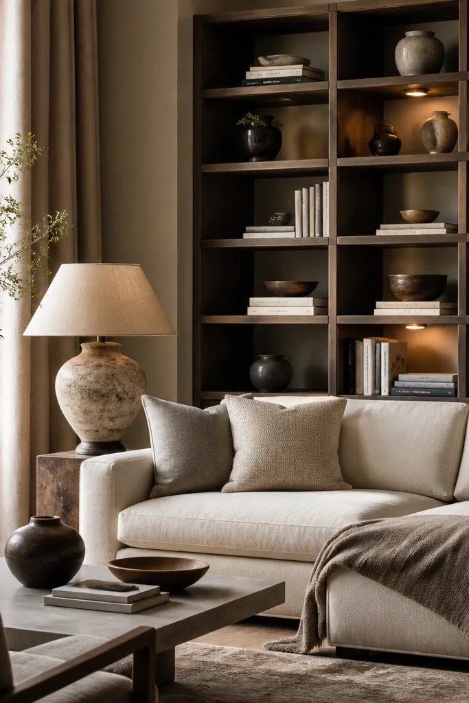 A large living room with a tall open bookshelf behind or beside the seating. Shelves are styled with books stacked horizontally and vertically, ceramic jars, and two small warm LED lights inside the shelf. The sofa is cream with a taupe throw and cushions in oatmeal and soft grey. A large lamp with a fabric shade sits near the bookshelf.