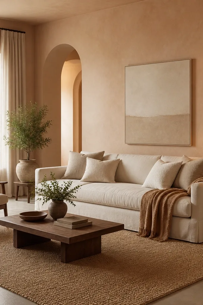 A large living room with walls painted a peachy beige and finished with a subtle textured plaster look. A cream sofa sits against the wall with a caramel throw and cushions in oatmeal and warm white. A large rug in natural fibers covers the seating area, and a brass floor lamp with a fabric shade glows near the sofa.