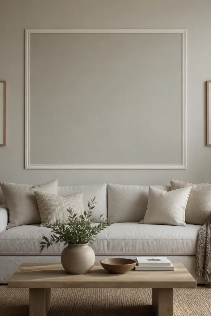 A living room wall behind a sofa has a crisp rectangle frame made of painted wood strips. The inside rectangle is a slightly darker matte paint than the surrounding wall, and the frame is a clean off-white. The sofa is centered under the framed area with two simple framed prints on either side.