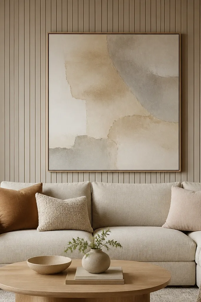 Behind a sofa, there's a wall section with evenly spaced vertical wood-look slats. The slats are painted the same color as the wall except a shade darker, creating a soft striped texture. A single large abstract print hangs centered above the sofa back.