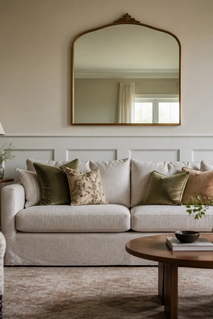 The wall behind the sofa has a horizontal band at about mid-height with a painted panel effect. White or cream trim runs horizontally and there are evenly spaced vertical panel rectangles under it. The sofa sits centered with a large mirror above.