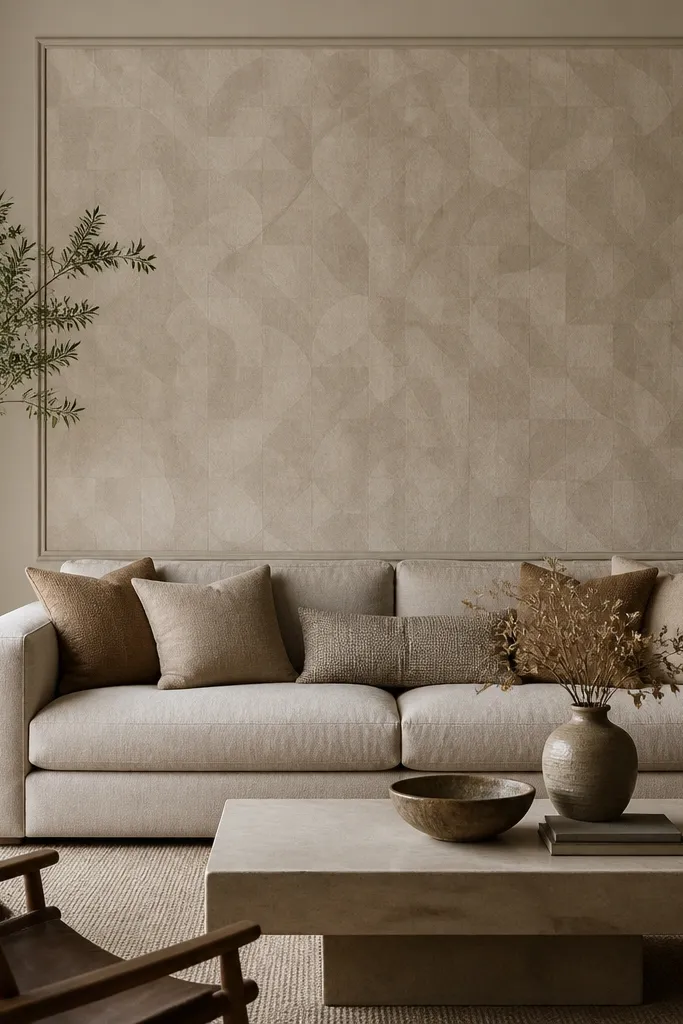 Wallpaper forms a large rectangle behind the sofa, bordered by a thin frame trim. The wallpaper pattern is subtle, like a soft geometric or faux plaster texture, in muted taupe and cream. The trim is a slightly darker paint than the wall.