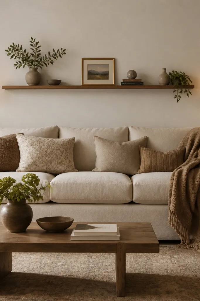 A slim floating shelf spans behind the sofa at the top third of the wall. Two matching plug-in sconces or small lantern-style wall lights sit on either side of the shelf. The wall is painted a warm off-white, and the shelf has small decor items.