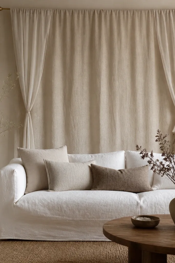 A soft linen-like fabric panel hangs behind the sofa, gathered slightly at the top where it attaches to a thin rod. The fabric is a warm oatmeal tone. There are two small sheer layers or tied sections near the sides.