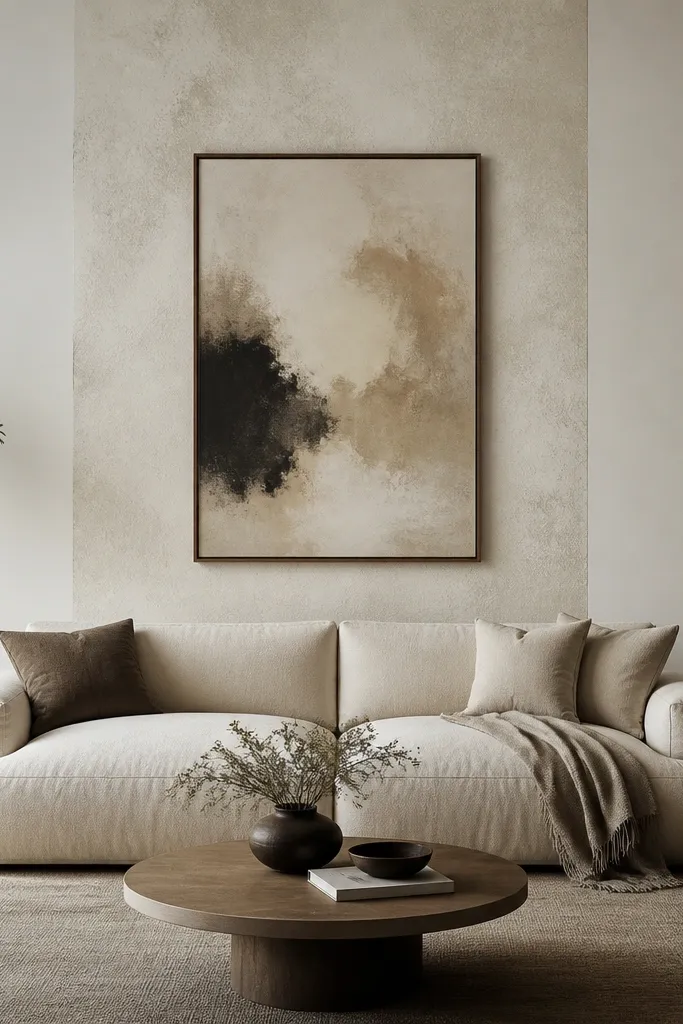 A vertical plaster-texture stripe runs behind the sofa, about one-third of the wall width, with the rest painted a smooth light color. The stripe has a mottled off-white texture. A single oversized art print sits above the sofa center.
