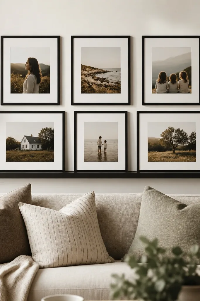Behind a sofa, a small grid of frames sits on a picture ledge. There's a mix of 6x8 and 8x10 frames in the same black matte finish. The wall behind is a light warm white, and the frames are aligned in tidy rows.