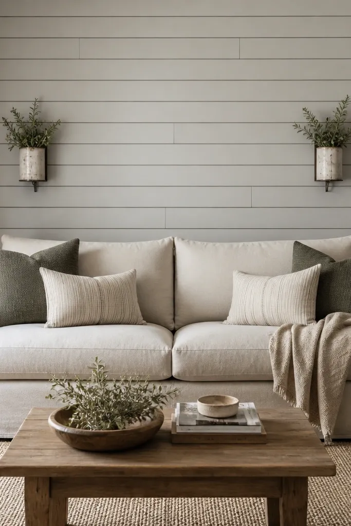 A wall behind the sofa has staggered rows of narrow wood boards painted a light gray. The boards run horizontally and are spaced evenly, creating a rhythm. The sofa is centered with two small wall planters or sconces.