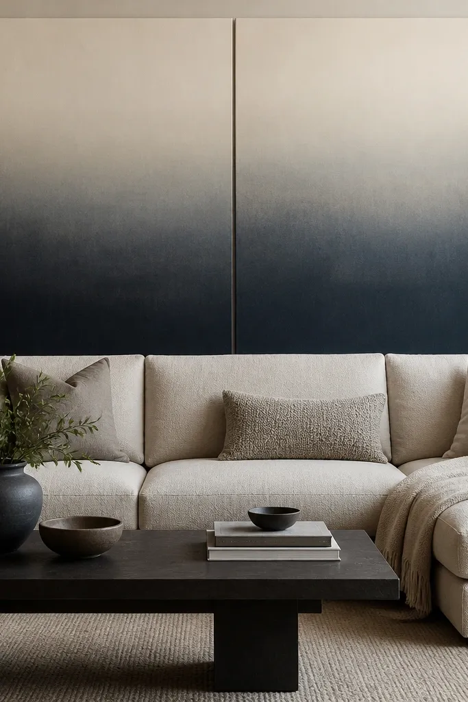 Two large canvases hang behind the sofa, creating a corner-to-corner gradient effect. The upper portion is off-white and fades into muted charcoal or deep blue. The canvases meet near the sofa center line, and the rest of the wall is plain.