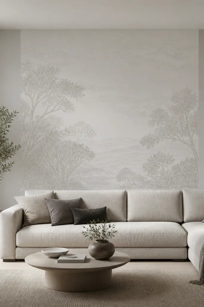 A monochrome wallpaper mural behind the sofa shows a subtle line-art scene or abstract pattern in gray and off-white. It's contained within the sofa's width and stops cleanly with no messy edges. The wall around it is painted a matching light gray.