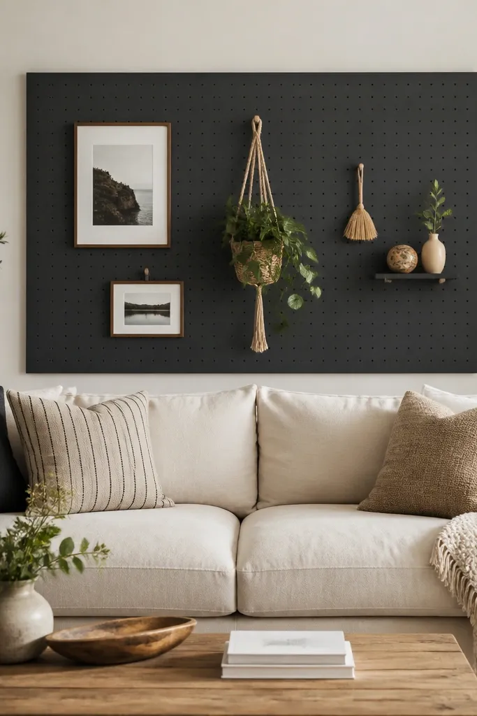 A pegboard panel sits behind the sofa, painted a dark charcoal. Small hooks hold a couple of framed photos, a plant hanger, and a few decorative items. The pegboard is centered and flat, with clean edges.
