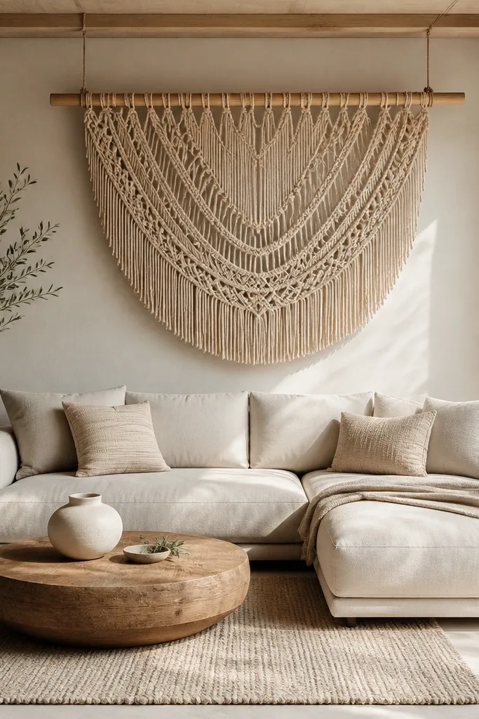 A macrame-style panel hangs behind the sofa, tied to a simple ceiling-mounted rod. The knots are natural rope color and the panel hangs in a soft U-shape. The sofa is light, and there's a small rug with similar neutral tones.