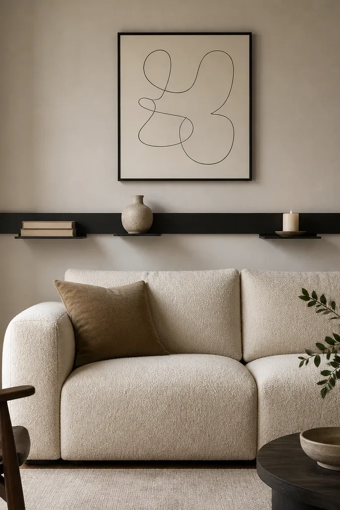 A matte black metal rail runs horizontally behind the sofa, with small shelves holding two books, a ceramic vase, and a candle. Above the rail there's a single line art print in black on white.