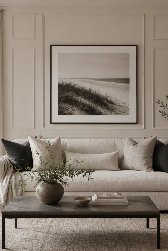 The wall has a grid of raised rectangular panels made from foam trim, painted the same color as the wall but slightly different shade. The rectangles create a subtle shadow box effect. A large framed photo sits centered above the sofa.