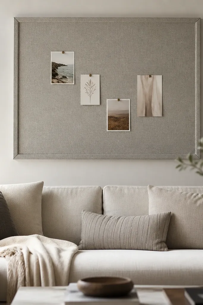 A cork or pegboard-like backing is wrapped in a textured fabric and mounted behind the sofa. The fabric is a medium gray or oatmeal linen. A few pins hold small cards or photos, and the edges have clean mitered trim.