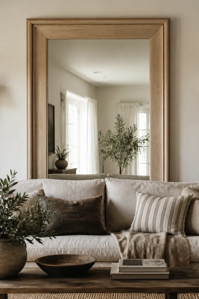 A large vertical mirror sits behind the sofa, centered. The mirror has a chunky DIY wood frame painted a warm white or natural stain with a slight sheen. The wall around it is plain and light, with two small sconces on the side.