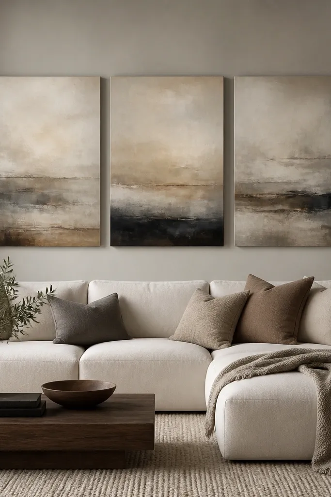 Three wide canvases hang in a row behind the sofa, each with a similar color palette and matte finish. The canvases align with equal spacing and sit on a subtle gallery rail or directly on hooks. The wall is painted a neutral gray-beige.