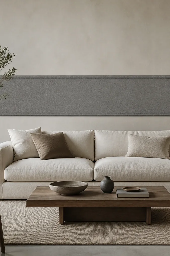 A horizontal fabric panel runs across the wall behind the sofa like a long upholstered band. The fabric is a medium gray, and the edges have visible contrast stitching in lighter thread. The sofa is centered beneath it.