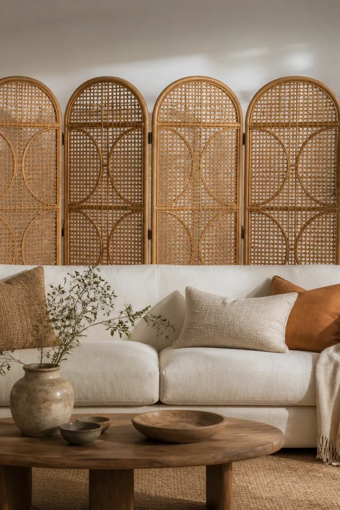 A freestanding rattan woven screen sits a few inches behind the sofa, spanning most of the sofa width. The pattern is open and airy, with a natural tan tone. The wall behind is plain, and the screen creates a shadow pattern.