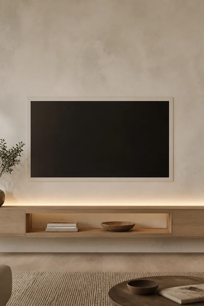 A TV mounted centered on a warm white limewash-look wall. Below it, a single floating shelf in light oak runs the width of the TV, with a closed cabinet section at each end. The TV has a thin framed surround in the same white tone, and a concealed LED strip glows softly behind the shelf.