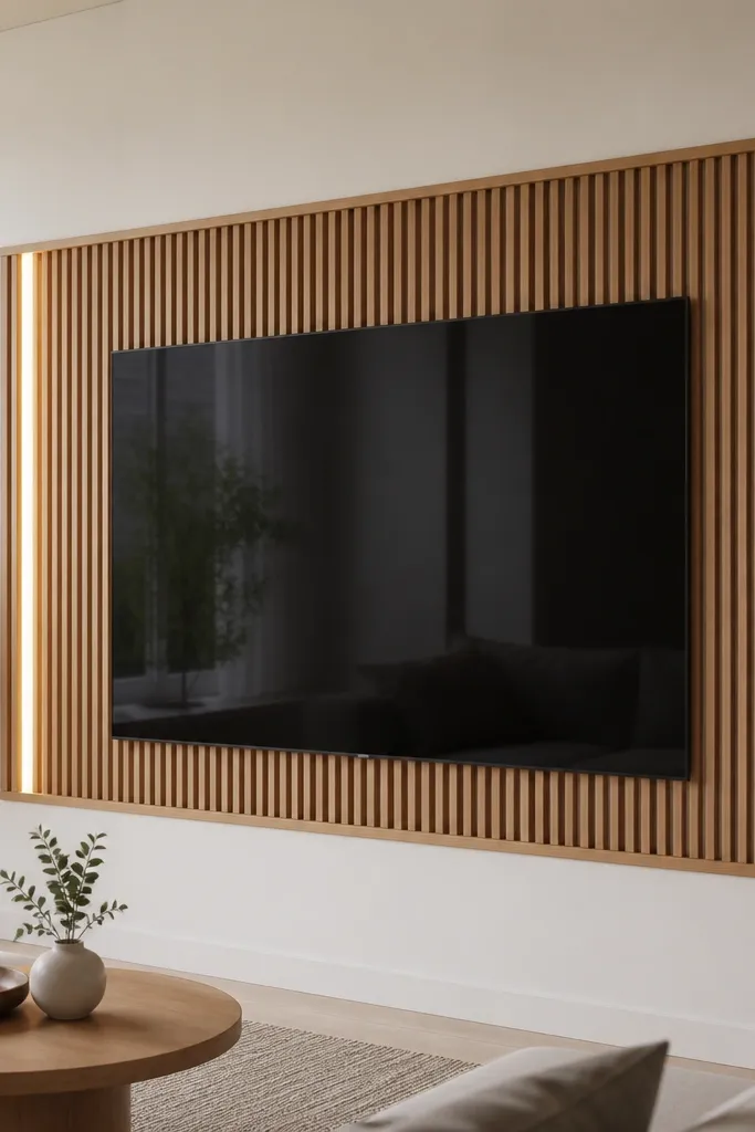 A large TV on a matte white wall with vertical wood slats forming a rectangular frame around the screen. Slim horizontal trim lines cap the top and bottom of the slat area. A thin black power outlet sits low on the right behind a removable panel, and a concealed LED strip glows along the left edge of the slats.